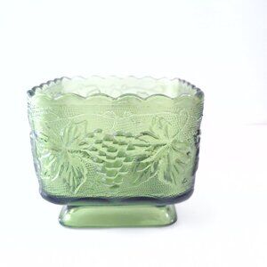 Vintage Anchor Hocking Green Pedestal Bowl Square Footed Dish Mid Century Glass